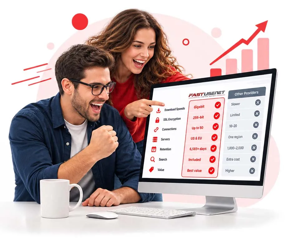 Team wijst naar een monitor met een vergelijking van Usenet-providers